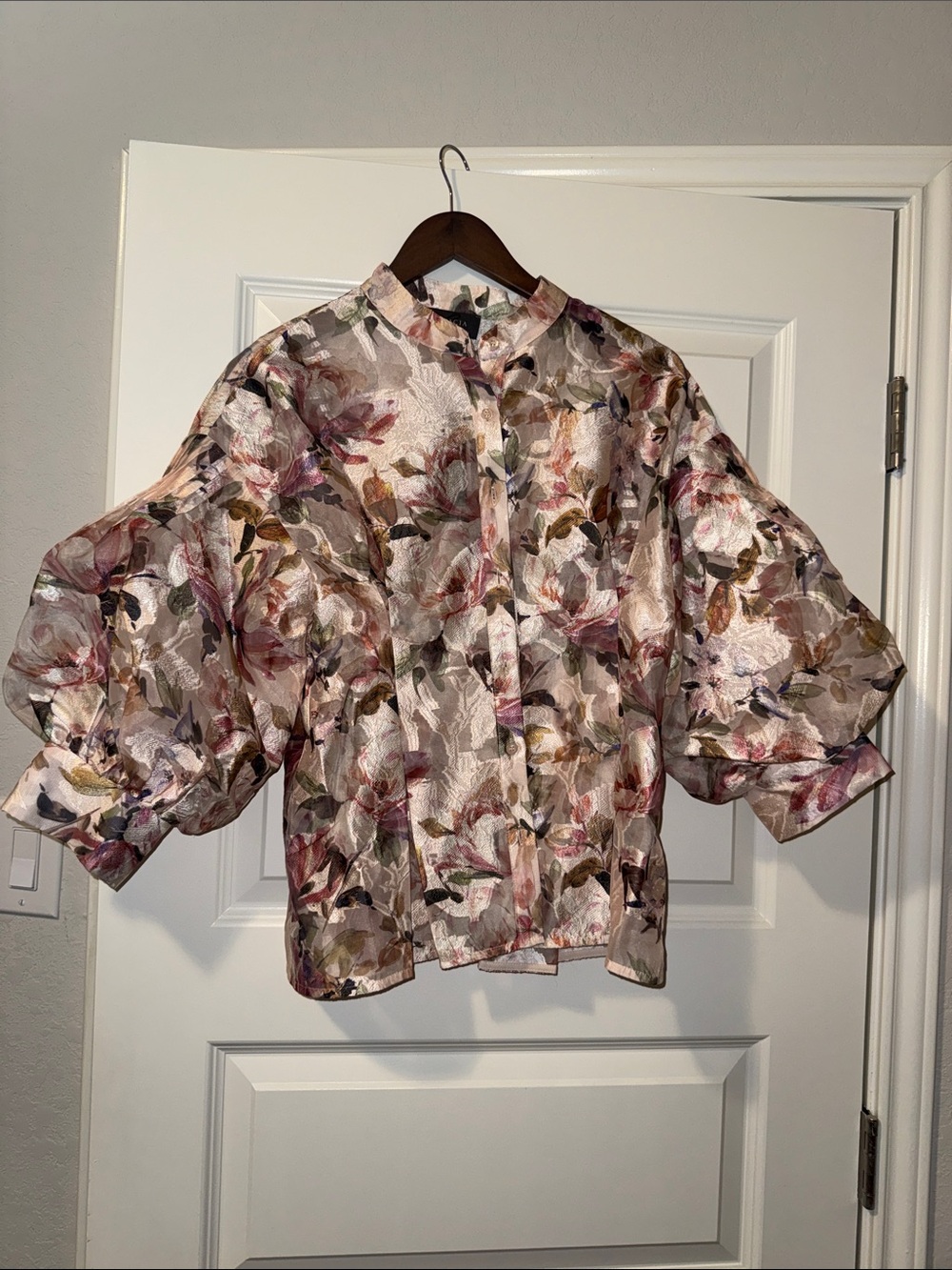 NWT Gracia Floral Puff Sleeve Organza Button-Front Blouse in Beige
